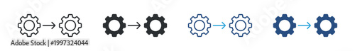 Process flow icon set. Gear transition symbol. Workflow automation and system operation icons, vector illustration.