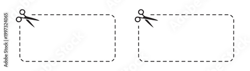 Two coupon cut out rectangles with scissors icons on dashed line border for discount.