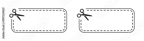 Coupon scissors icon on dashed line border rectangle for cut out offer or discount voucher.