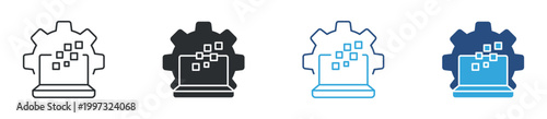 Data processing icon set. Gear and laptop transfer symbol. Digital transformation and computing system icons, vector illustration.