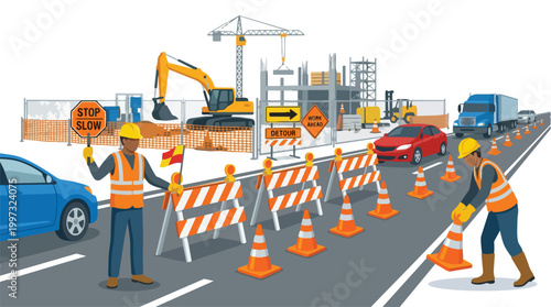 Road Construction Scene with Workers and Heavy Machinery Detour Ahead Safety Illustration Vector