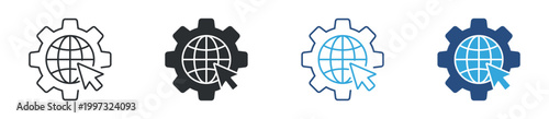 Global settings icon set. Gear and globe cursor symbol. Network configuration and internet management icons, vector illustration.