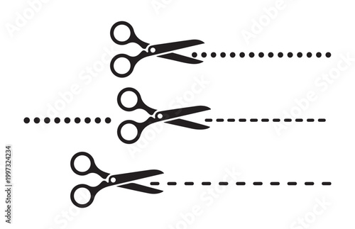 Scissors cutting dotted and dashed lines isolated on transparent checkered background vector illustration.