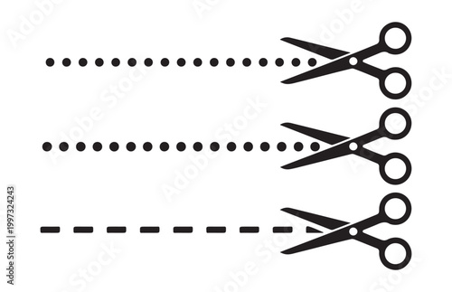 Three scissors cutting dotted and dashed lines isolated on transparent checkered background vector illustration.