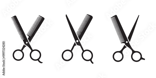 Stylized scissors and combs arranged in various positions vector illustration on transparent background.