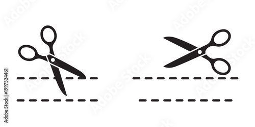 Two black scissors icons with dashed lines indicating the cutting action on transparent background.