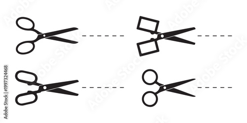 Black scissors icons with dotted lines indicating cutting path on transparent background.