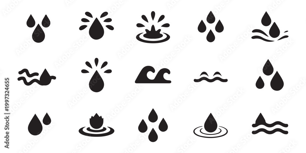 Fototapeta premium Water wave and splash vector icons set. drops, ripples, and ocean wave symbols collection.