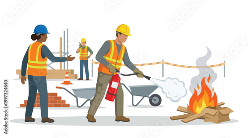 Construction Site Fire Safety Illustration Workers Extinguishing Flames Emergency Response Vector Graphic