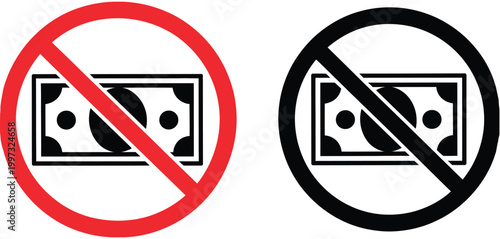 no money symbol icons set, minimalist prohibition style finance icon collection showing lack of funds, budget restriction, financial stress and economic struggle concepts in clean vector illustration 