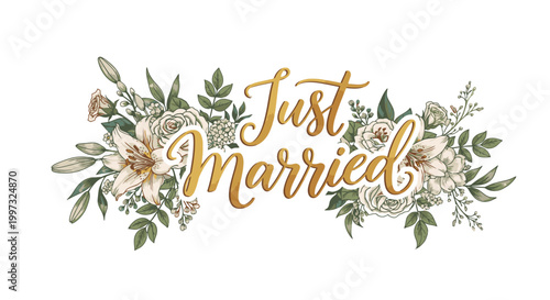 Golden Just Married Wedding Sign.