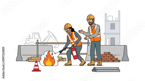 Construction Site Fire Safety Illustration Workers Using Fire Extinguisher Preventing Flames Industrial Hazard Prevention Vector