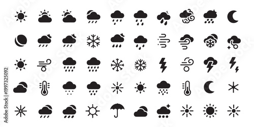 Large collection of weather forecast icons featuring sun clouds rain snow wind and temperature indicators.