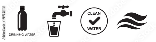 Drinking water icons bottle tap pouring into glass clean water symbol wavy water lines graphic elements for resource conservation.