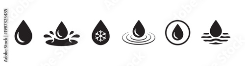 Water drop vector icons set. liquid drop, splash, ripple and snowflake symbols collection, design element.