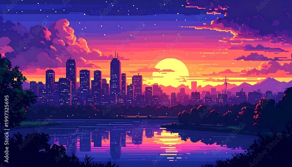 Obraz premium Pixelated cityscape sunset (1)