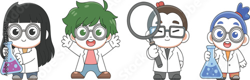 Professional set of cute scientist characters wearing lab coats and using magnifying glasses and chemistry flasks for science education vector