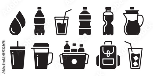 Collection of water bottles pitchers glasses cooler backpack drink container icons vector graphic.