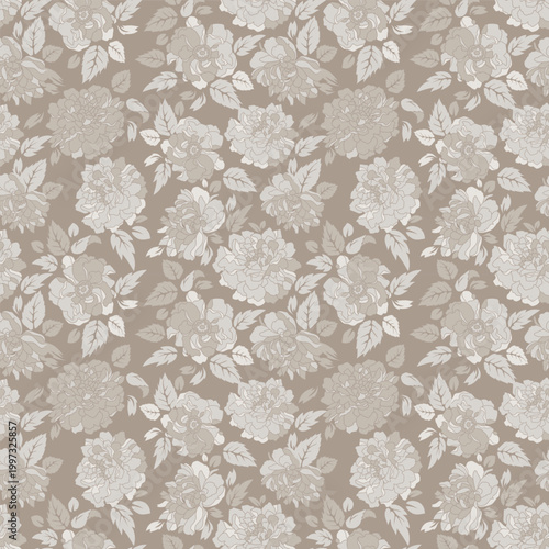 Muted Taupe Peony Seamless Pattern: Elegant Neutral Boho Floral Vector Background for Premium Textile, Vintage Wallpaper, and Wedding Decor