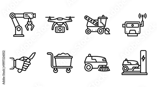 Industrial automation and technology icons robotics drones and machines