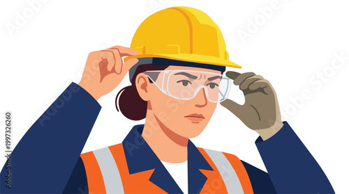 Female Construction Worker Preparing Safety Gear Vector Illustration Protective Helmet and Goggles Industry Professional