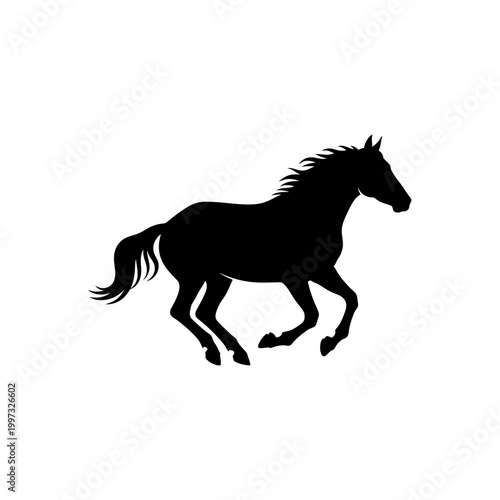 Silhouette of a galloping horse against a white background, dynamic movement.