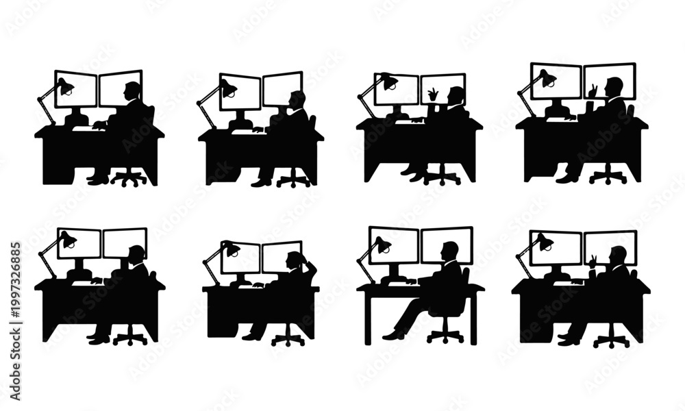 Obraz premium Set of People Silhouettes Working at Desks with Dual Computer Monitors Vector Illustration
