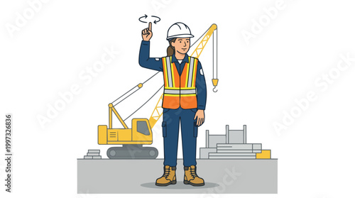 Construction Worker Directing Crane Operations Safety Illustration Vector Graphic for Industry and Engineering Projects