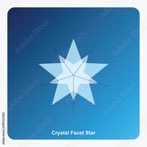 Crystal Facet Star Logo, Geometric Blue Abstract Snowflake Icon, Vector 3D Symmetrical Glass Element on Gradient Background
