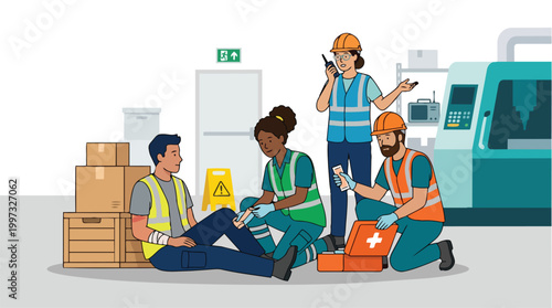 Industrial accident scene with injured worker receiving first aid from colleagues and supervisor coordinating response in factory setting with machinery and safety signs