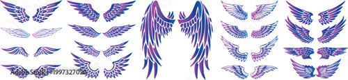 Colorful gradient hand drawn angel wings icon set vector collection with detailed feather styles on transparent background decorative wing symbols design