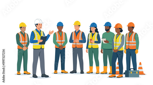 Diverse Construction Workers Team Standing Together Vector Illustration Safety Gear Industry Professionals