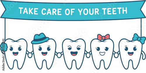 Professional illustration of cute tooth characters holding a banner with take care of your teeth vector