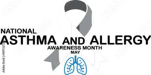 Professional horizontal banner for National Asthma and Allergy Awareness Month in May with ribbons and lung icon.