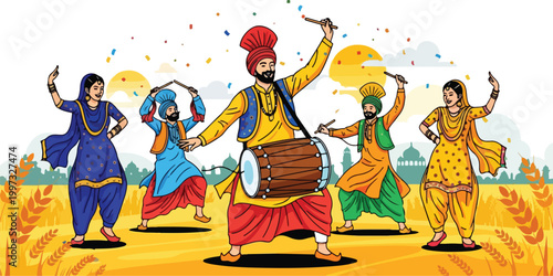 Men Performing Bhangra Dance with Dhol for Happy Baisakhi Celebration