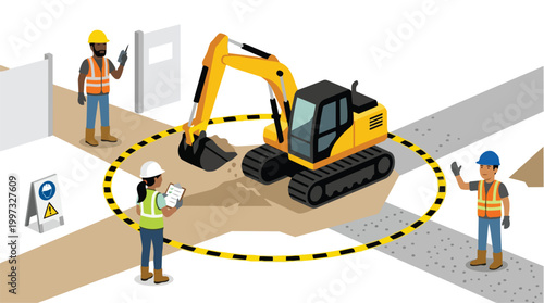 Construction Site Safety Illustration Workers Operating Excavator Roadwork Zone Vector Graphic