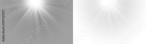 Yellow star flashed with sparkles sun isolated on white background. Soft glow without departing rays, sunlight with lens flare effect. PNG vector light effect.