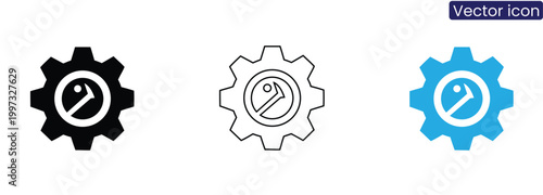 Vector icons of gear with prohibited sign on white background in black, Line art, And blue