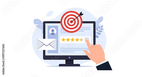 A hand interacts with a computer screen displaying a rating system with a target and email icon.