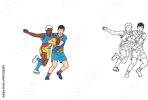 Vector illustration of two male athletes playing rugby or Australian football with tackling action, includes colored and line art outline versions for sports design and fitness concepts.