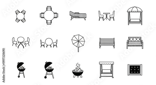 Outdoor Furniture and Grilling Equipment Icons Set.