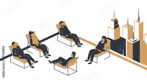 Isometric Vector Illustration of People Relaxing on a Rooftop Terrace with Cityscape Skyline Background; Modern Urban Lifestyle and Business Networking Concept
