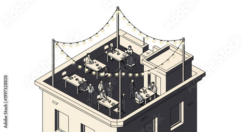 Isometric Rooftop Restaurant Scene with People Dining Under String Lights