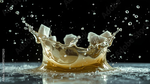 White coconut flesh and water droplets in motion high-resolution photo