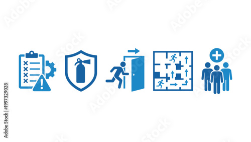 Blue icons for safety and emergency evacuation procedures on white background