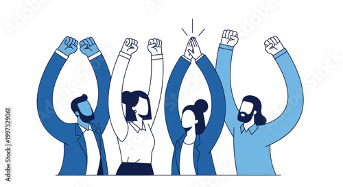 Diverse Business Team Celebrating Success and Achievement with Raised Arms Flat Vector Illustration