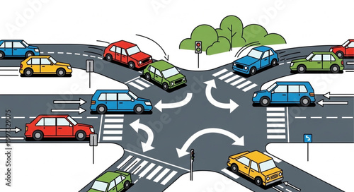 Busy intersection with multiple cars and traffic arrows.