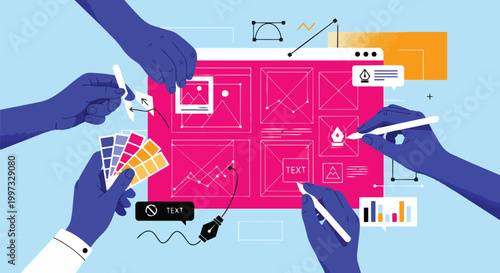 Hands collaborating on a design interface with color palettes, charts, and digital tools, vector art, ideal for web design, ui/ux projects, and creative agency promotion.