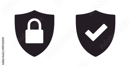 Solid black shield icons with white padlock and check mark icons for secure verification business.