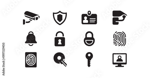 Security camera, shield, personal identification and alarm flat vector icon set. surveillance.